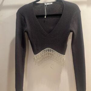 Zara Black Ribbed V-Neck Cropped Sweater with Beaded Fringe Trim